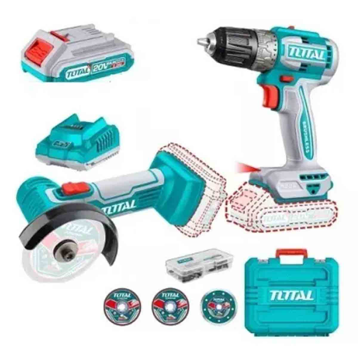 Total LI-ION CORDLESS DRIL L+MINI AG 2PCS COMBO KIT WITH 2.0Ah BATTERIES 2X-TCKLI20278
