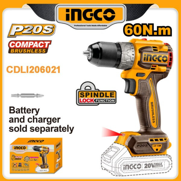 Ingco Compact Brushless Cordless Drill 20V Without Battery And Charger-CDLI206021