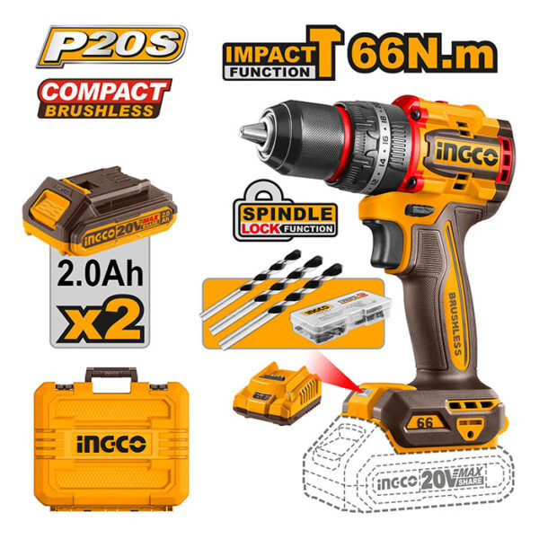 Ingco Brushless Impact Drill  66Nm 20V-CIDLI20668